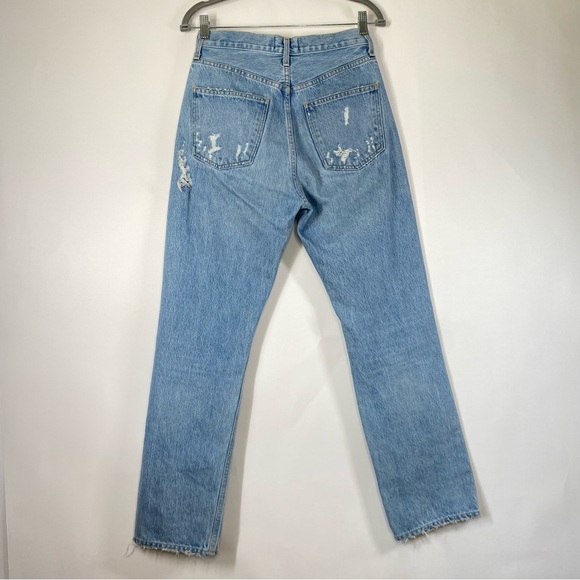 Agolde Blue Wash 90’s Mid Rise Distressed Straight Leg Jeans Size 24 - Picture 6 of 15